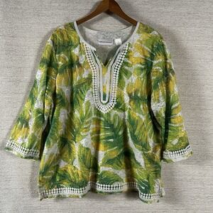 Women's XL Tropical Botanical Tunic Crochet Neck Boho Vacation Resort Lagenlook